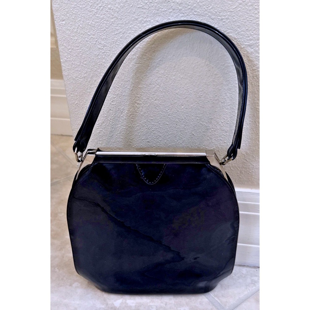 Vintage Black Patent Top Handle Handbag Silver Frame Closure Retro Evening Bag
